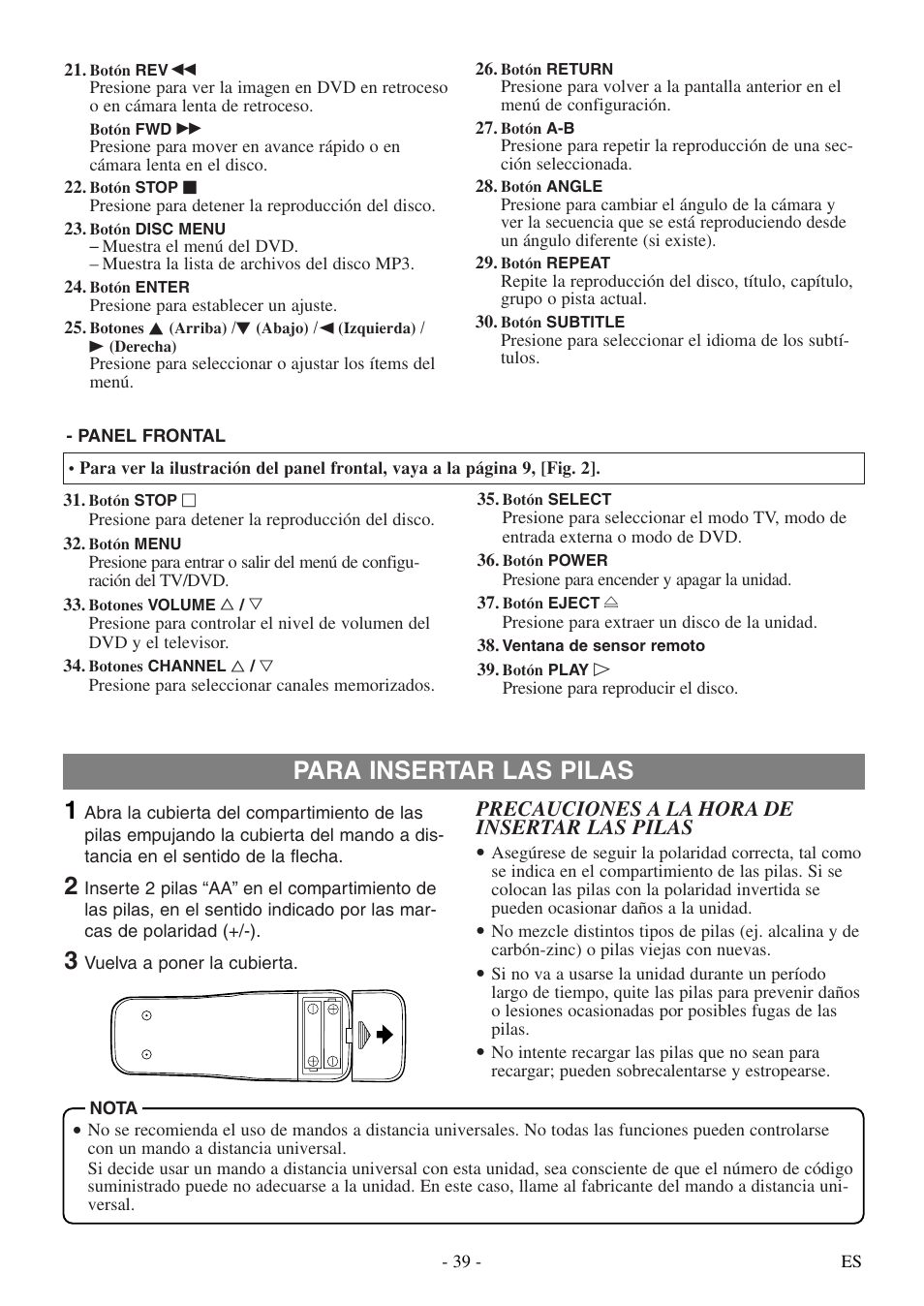 Para insertar las pilas 1, Precauciones a la hora de insertar las pilas | Symphonic STL20D5 User Manual | Page 39 / 48