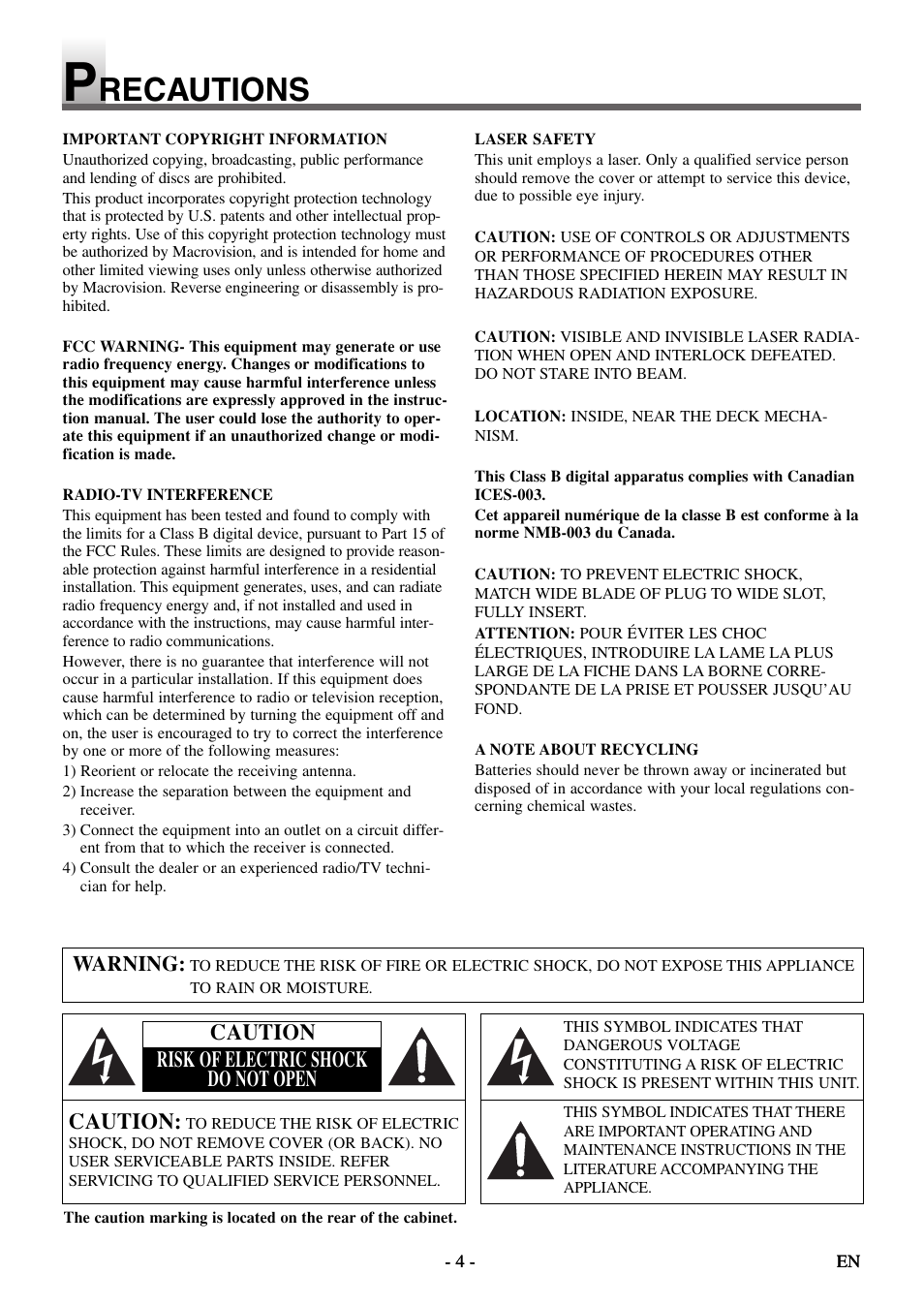 Recautions, Caution, Caution risk of electric shock do not open | Symphonic STL20D5 User Manual | Page 4 / 48