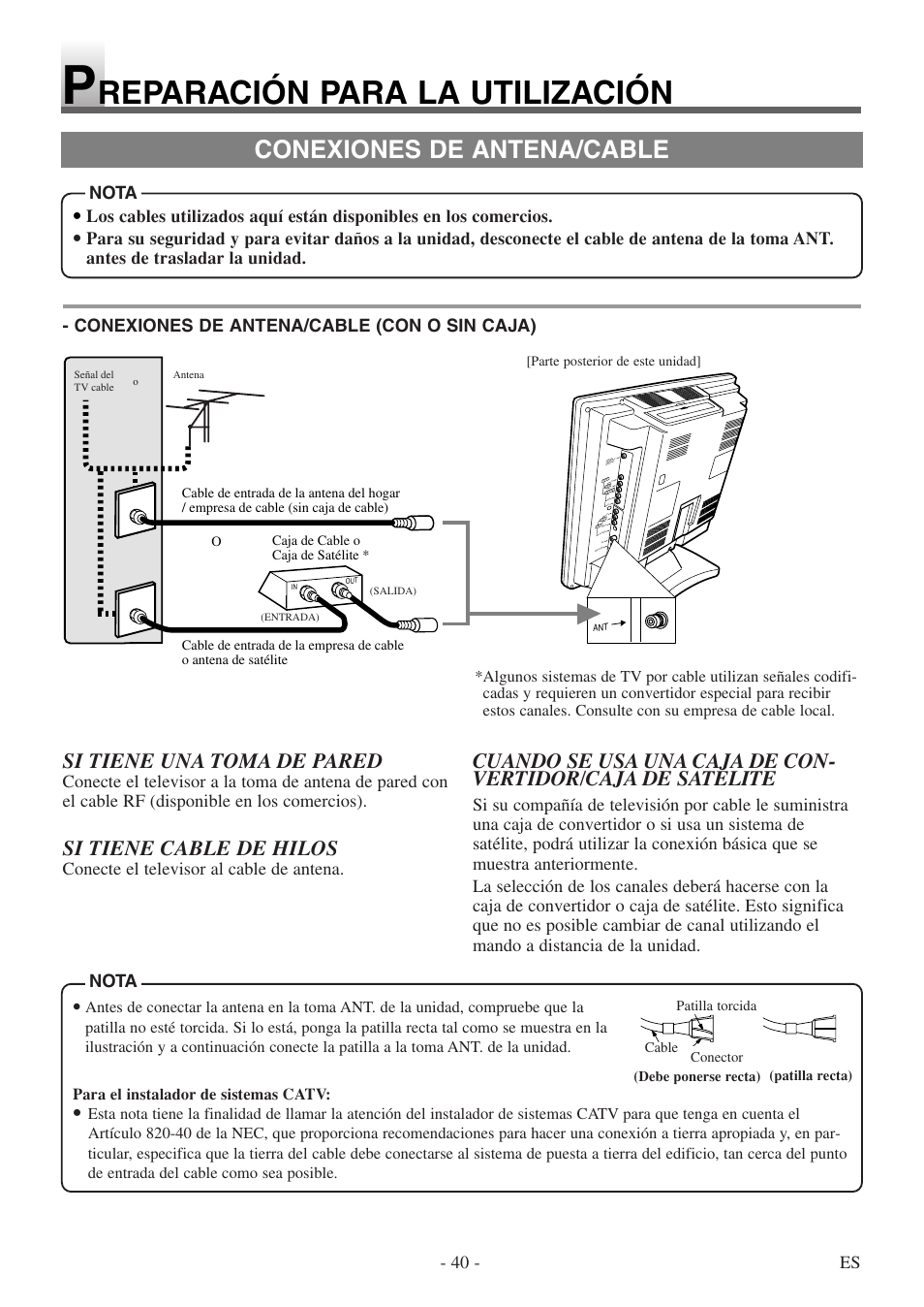 Reparación para la utilización, Conexiones de antena/cable, Si tiene una toma de pared | Si tiene cable de hilos | Symphonic STL20D5 User Manual | Page 40 / 48