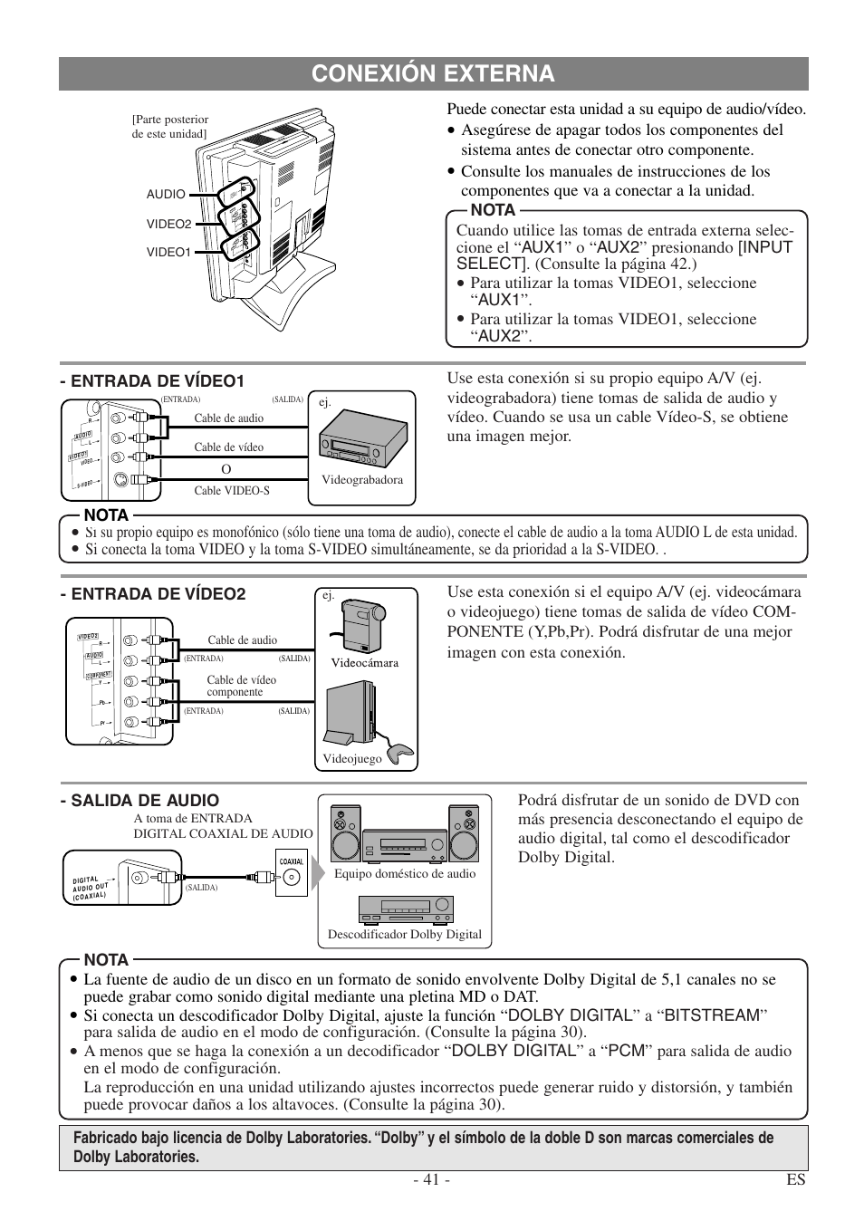 Conexión externa, Salida de audio, Para utilizar la tomas video1, seleccione “aux1 | Symphonic STL20D5 User Manual | Page 41 / 48