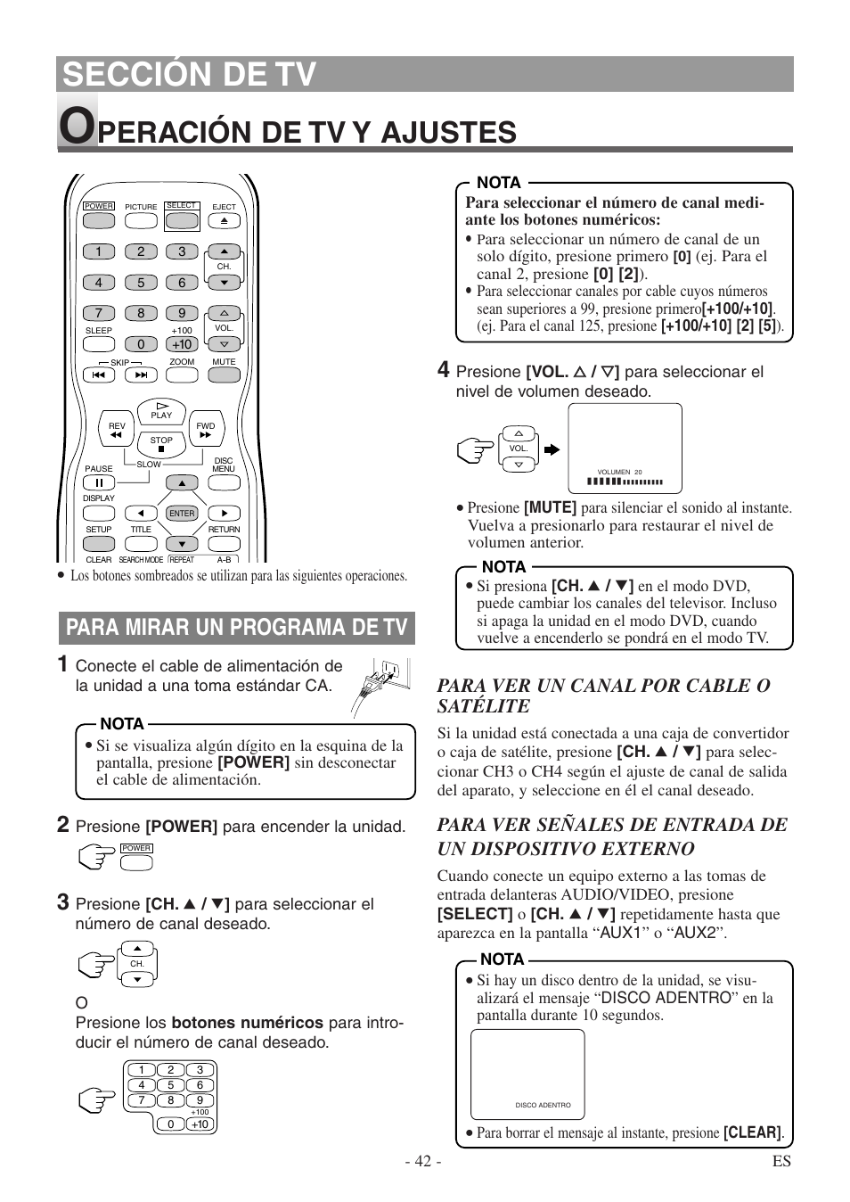 Sección de tv, Peración de tv y ajustes, Para mirar un programa de tv | Para ver un canal por cable o satélite | Symphonic STL20D5 User Manual | Page 42 / 48