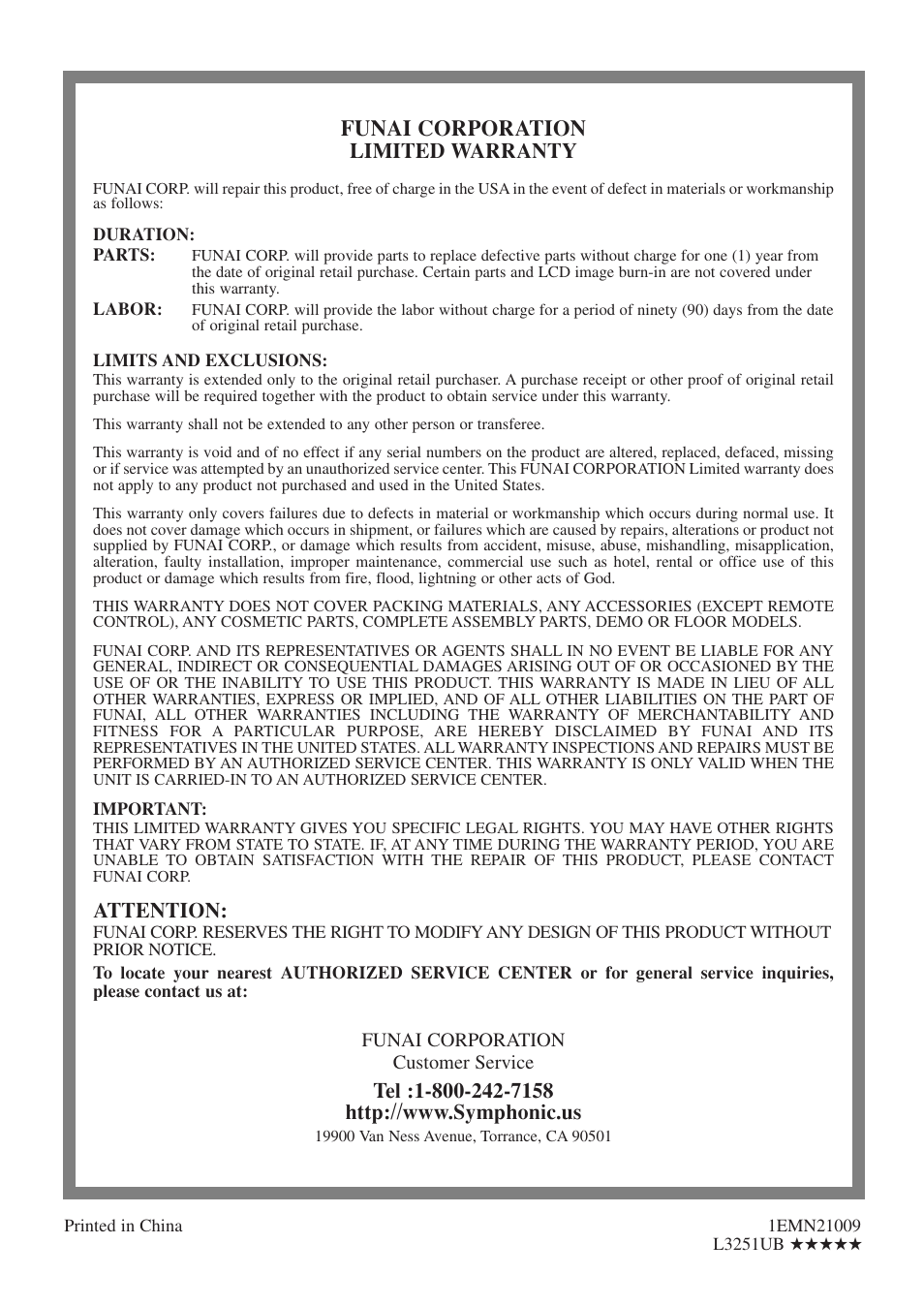 Funai corporation, Limited warranty, Attention | Symphonic STL20D5 User Manual | Page 48 / 48