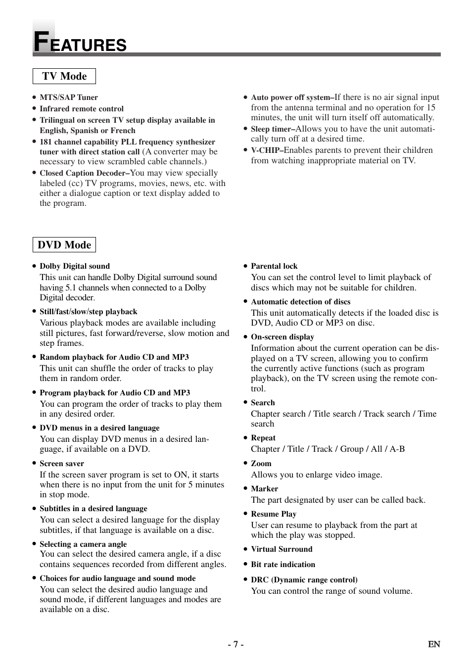 Eatures | Symphonic STL20D5 User Manual | Page 7 / 48