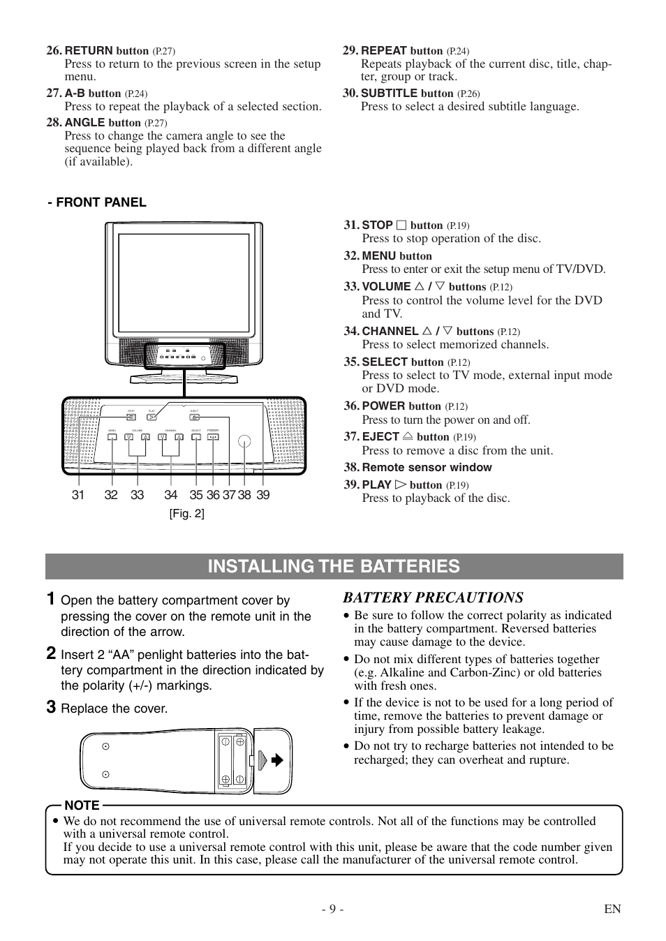 Installing the batteries 1, Battery precautions | Symphonic STL20D5 User Manual | Page 9 / 48