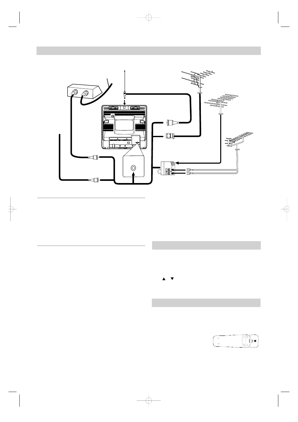 Conexiones de antena/cable, Modo de entrada externa, Instalación de las pilas | Antena combinada de vhf/uhf, Antenas separadas de vhf/uhf | Symphonic SC313B User Manual | Page 30 / 32