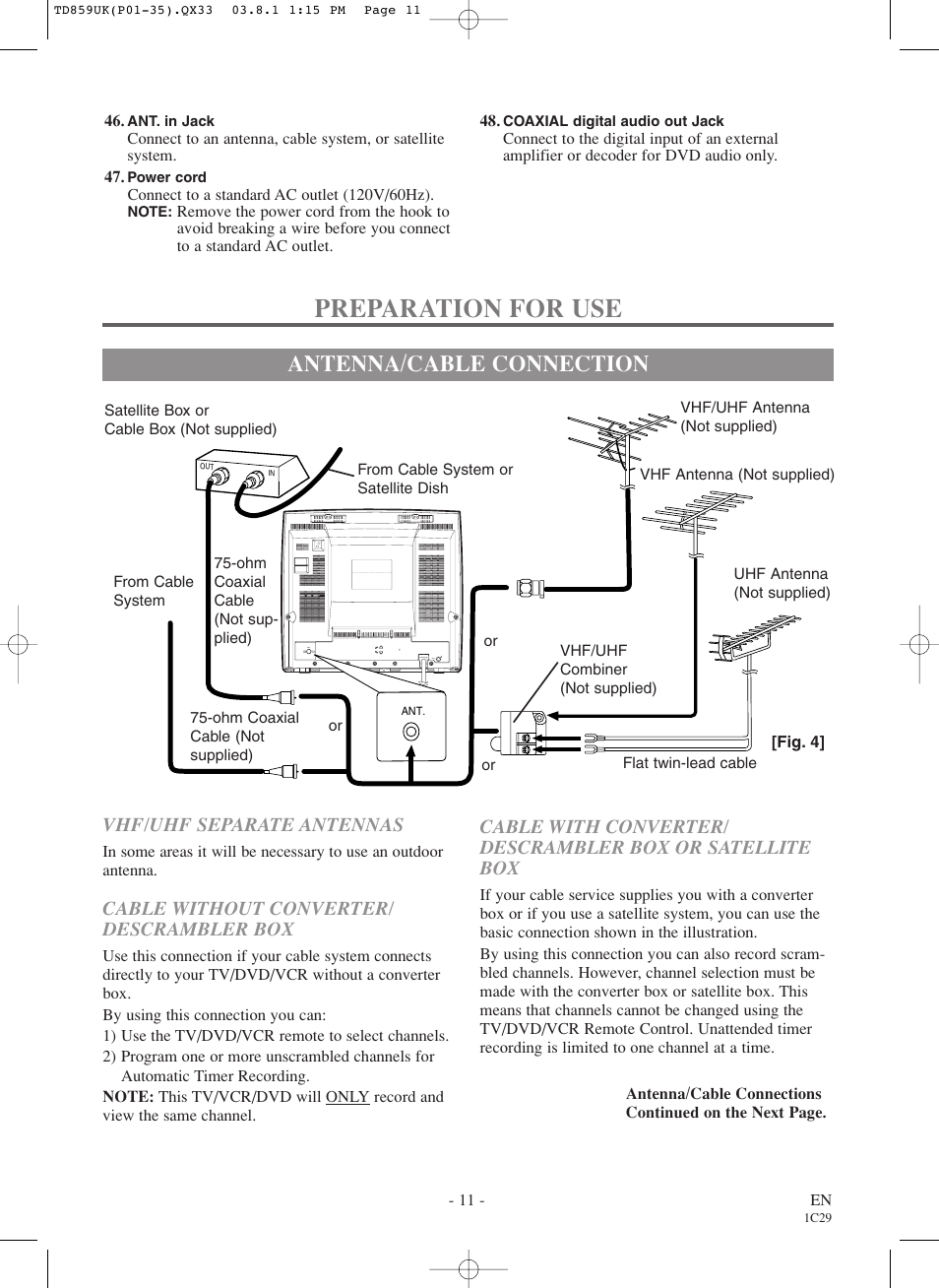 Preparation for use, Antenna/cable connection, Cable without converter/ descrambler box | Vhf/uhf separate antennas | Symphonic WF719 User Manual | Page 11 / 56