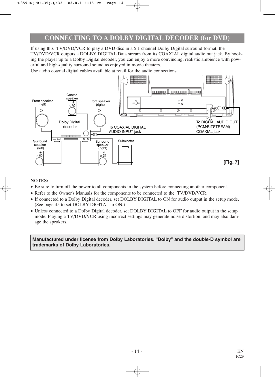 Connecting to a dolby digital decoder (for dvd) | Symphonic WF719 User Manual | Page 14 / 56
