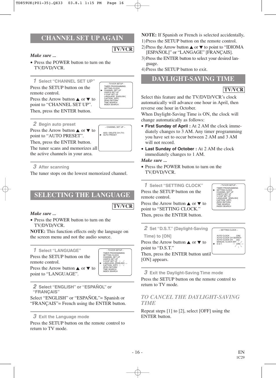 Channel set up again, Selecting the language, Daylight-saving time | Tv/vcr | Symphonic WF719 User Manual | Page 16 / 56