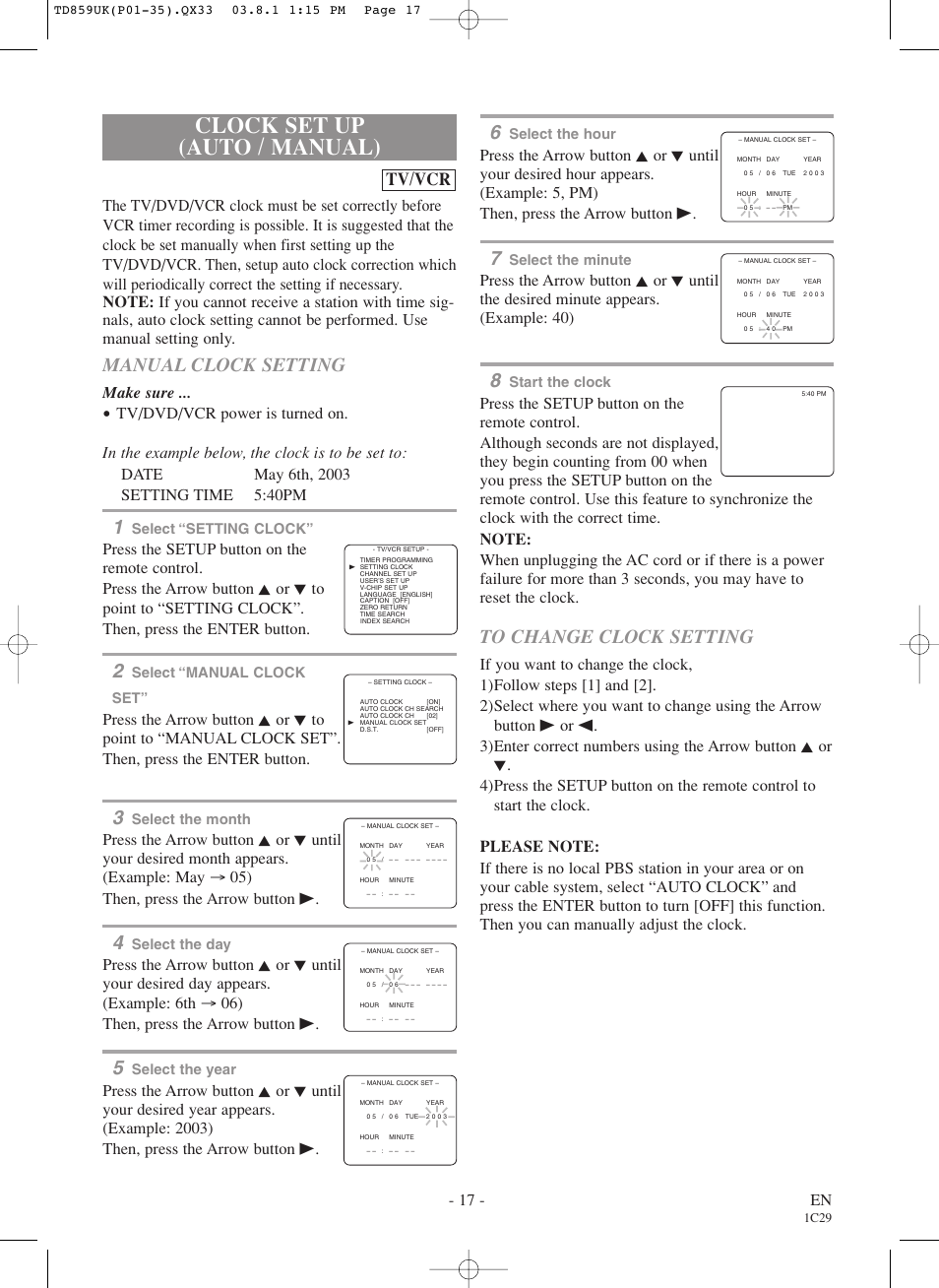 Clock set up (auto / manual), Manual clock setting, Tv/vcr | 17 - en, Make sure | Symphonic WF719 User Manual | Page 17 / 56