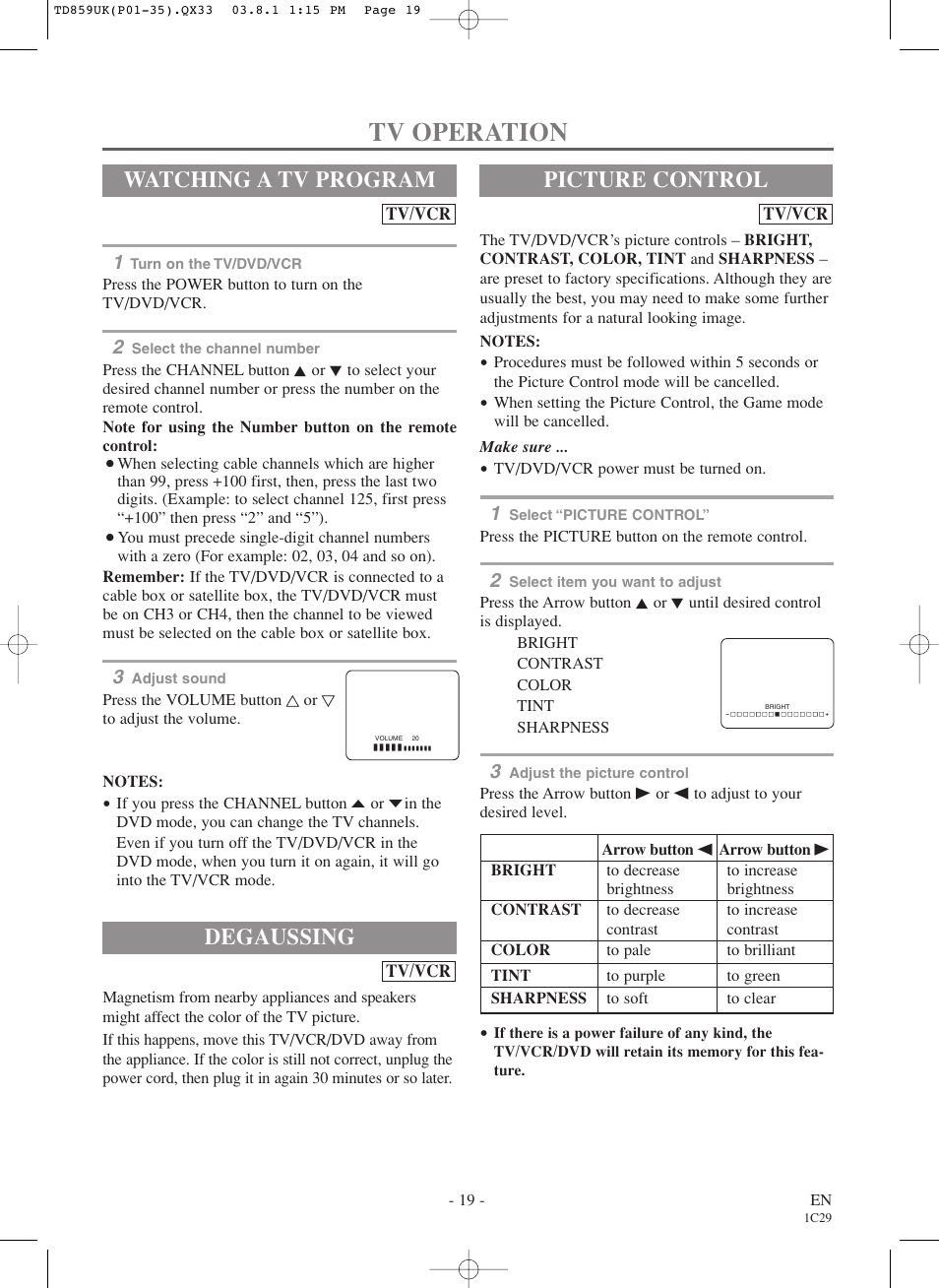 Tv operation, Degaussing, Watching a tv program | Picture control, Tv/vcr | Symphonic WF719 User Manual | Page 19 / 56