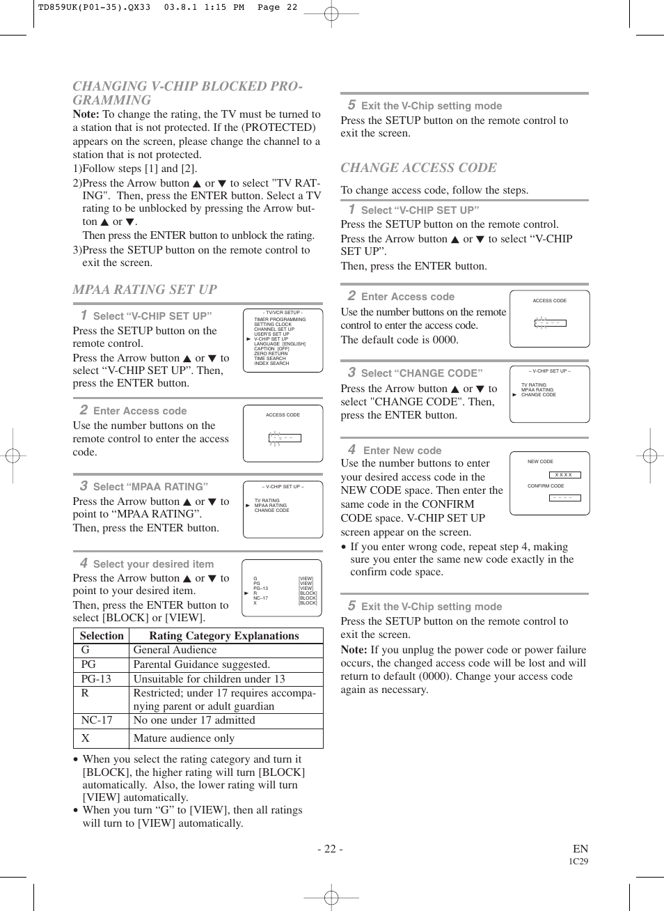 Changing v-chip blocked pro- gramming, Mpaa rating set up 1, Change access code | Symphonic WF719 User Manual | Page 22 / 56