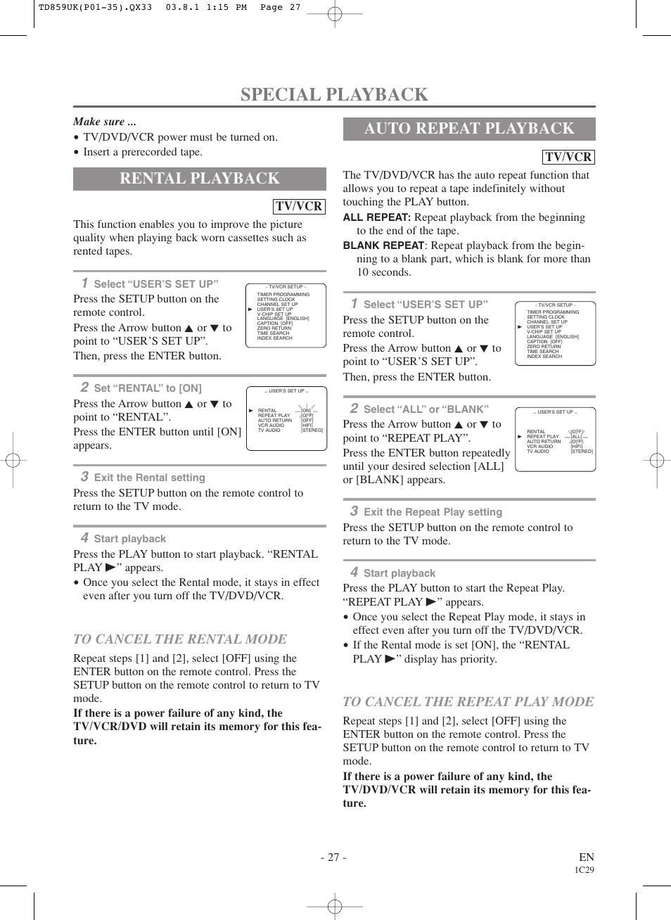 Special playback, Rental playback, Auto repeat playback | Tv/vcr | Symphonic WF719 User Manual | Page 27 / 56