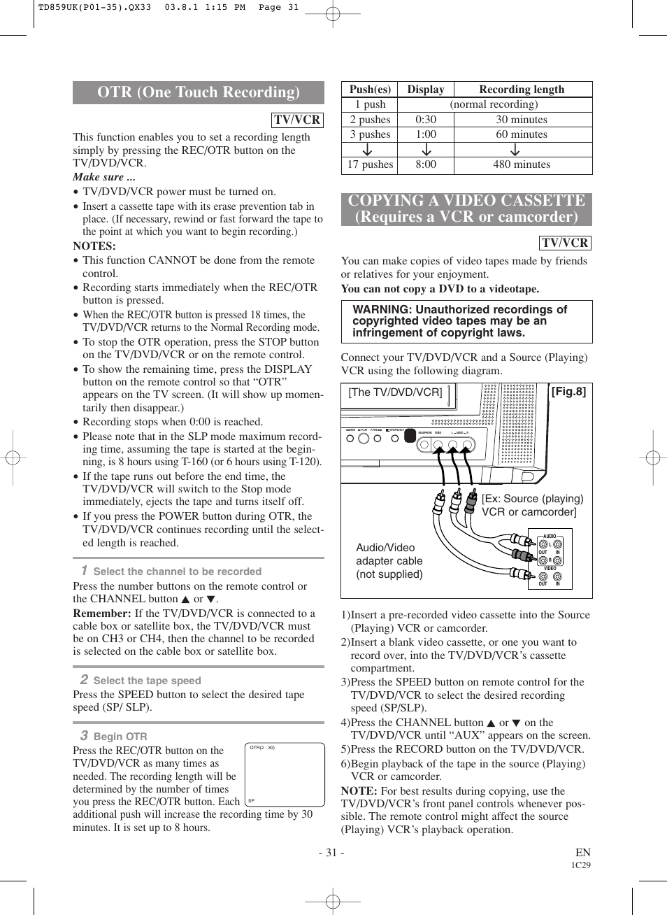 Otr (one touch recording) | Symphonic WF719 User Manual | Page 31 / 56