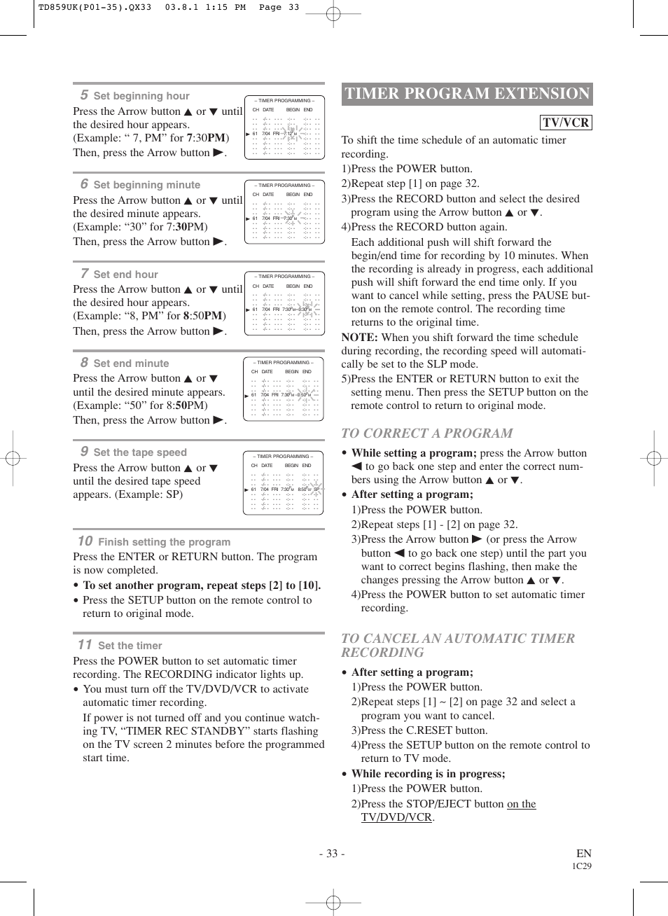 Timer program extension, Tv/vcr, 33 - en | Set beginning hour, Set beginning minute, Set end hour, Set end minute, Set the tape speed, Finish setting the program, Set the timer | Symphonic WF719 User Manual | Page 33 / 56