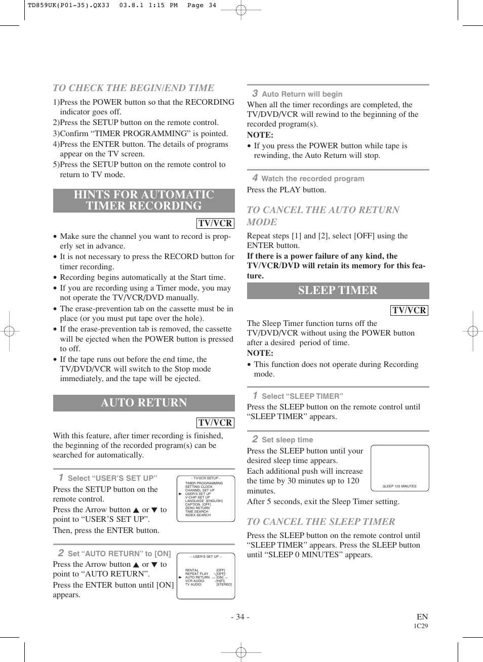 Hints for automatic timer recording, Auto return, Sleep timer | Symphonic WF719 User Manual | Page 34 / 56