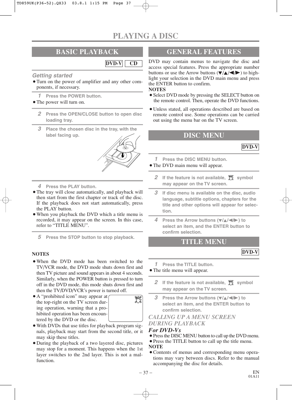 Playing a disc, Basic playback, General features | Title menu, Disc menu | Symphonic WF719 User Manual | Page 37 / 56