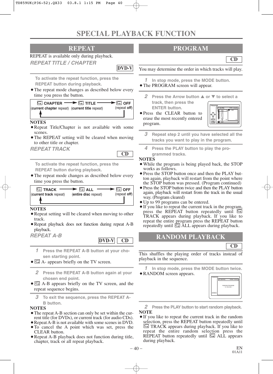 Special playback function, Repeat, Program | Random playback | Symphonic WF719 User Manual | Page 40 / 56