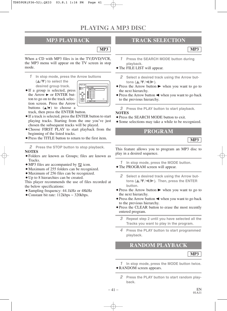 Playing a mp3 disc, Mp3 playback, Track selection random playback | Program | Symphonic WF719 User Manual | Page 41 / 56