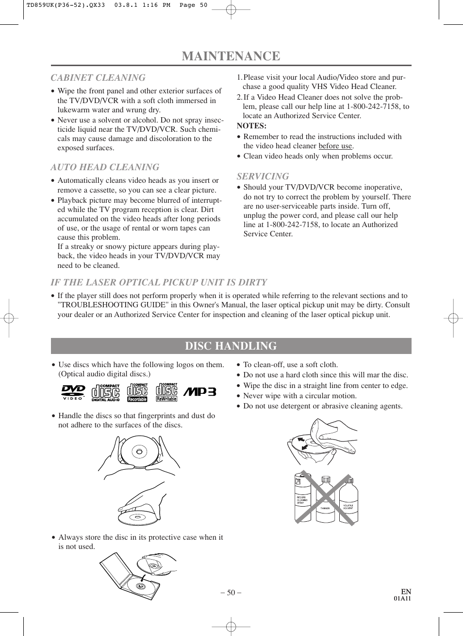 Maintenance, Disc handling | Symphonic WF719 User Manual | Page 50 / 56