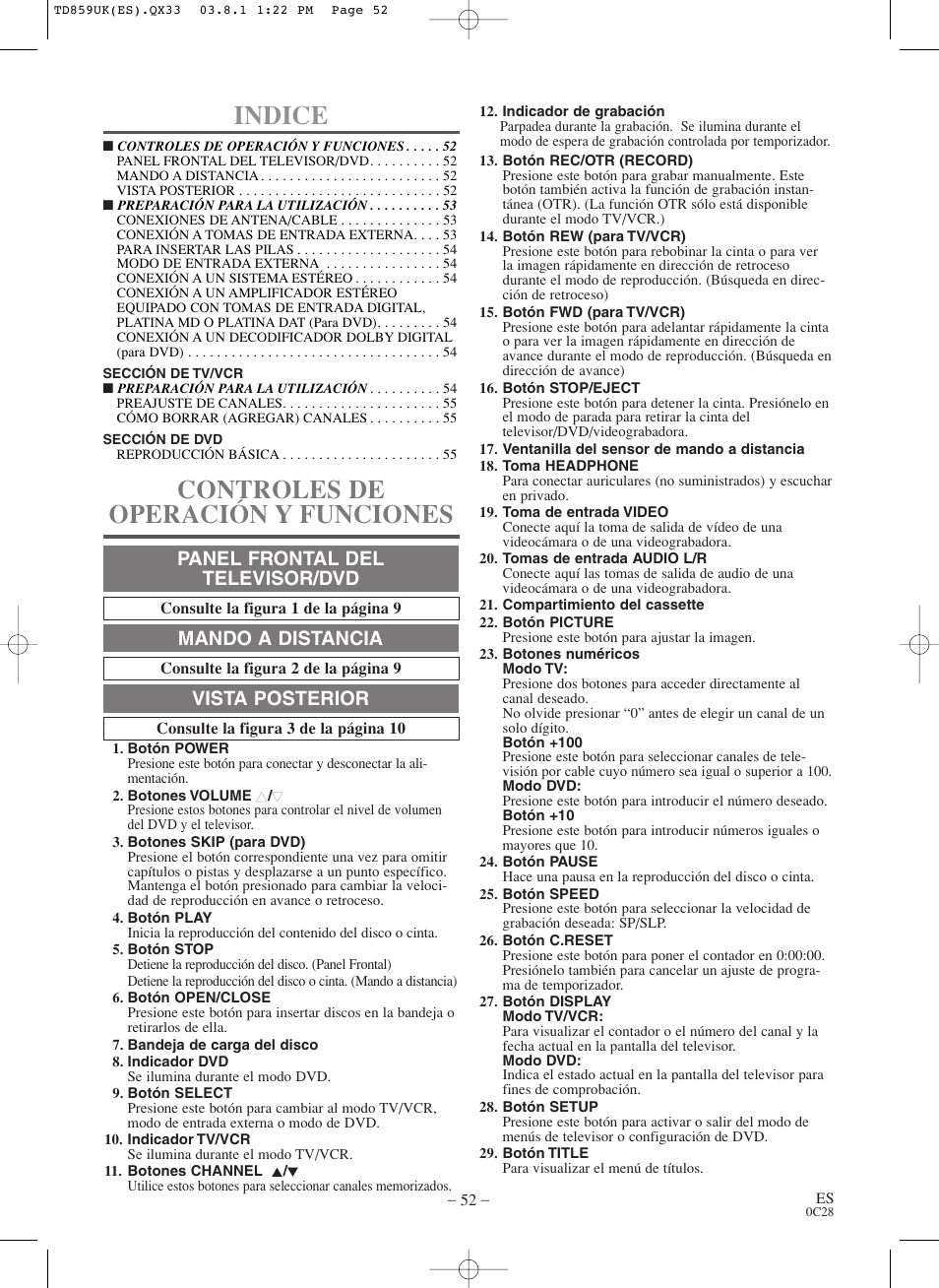 Indice, Controles de operación y funciones, Panel frontal del televisor/dvd | Mando a distancia, Vista posterior | Symphonic WF719 User Manual | Page 52 / 56