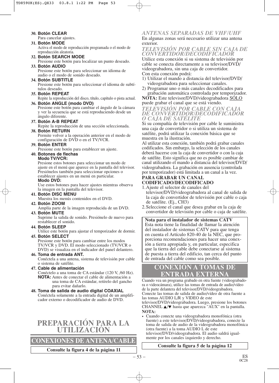 Preparación para la utilización, Conexiones de antena/cable, Conexión a tomas de entrada externa | Symphonic WF719 User Manual | Page 53 / 56