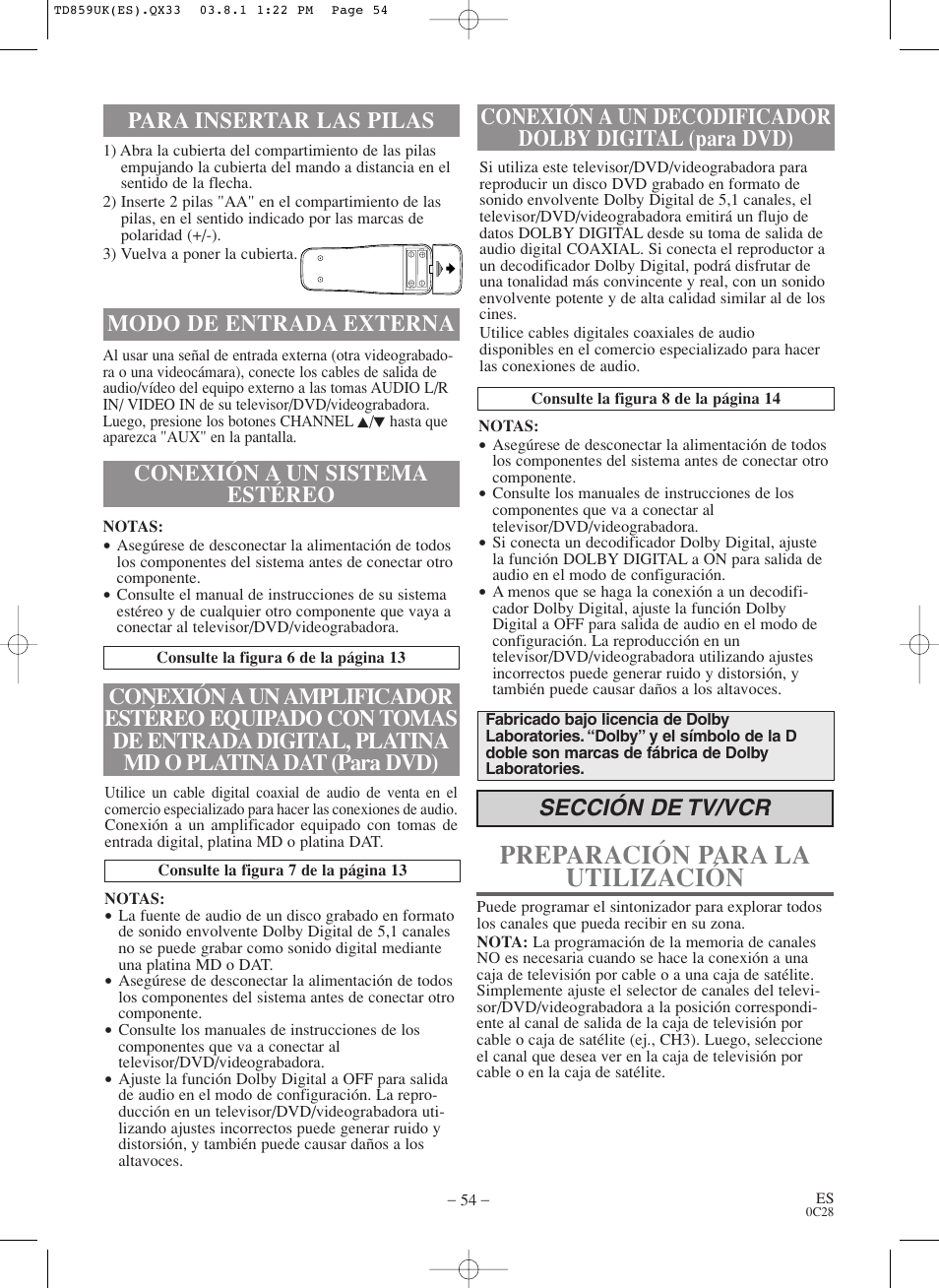 Preparación para la utilización, Sección de tv/vcr, Modo de entrada externa | Symphonic WF719 User Manual | Page 54 / 56