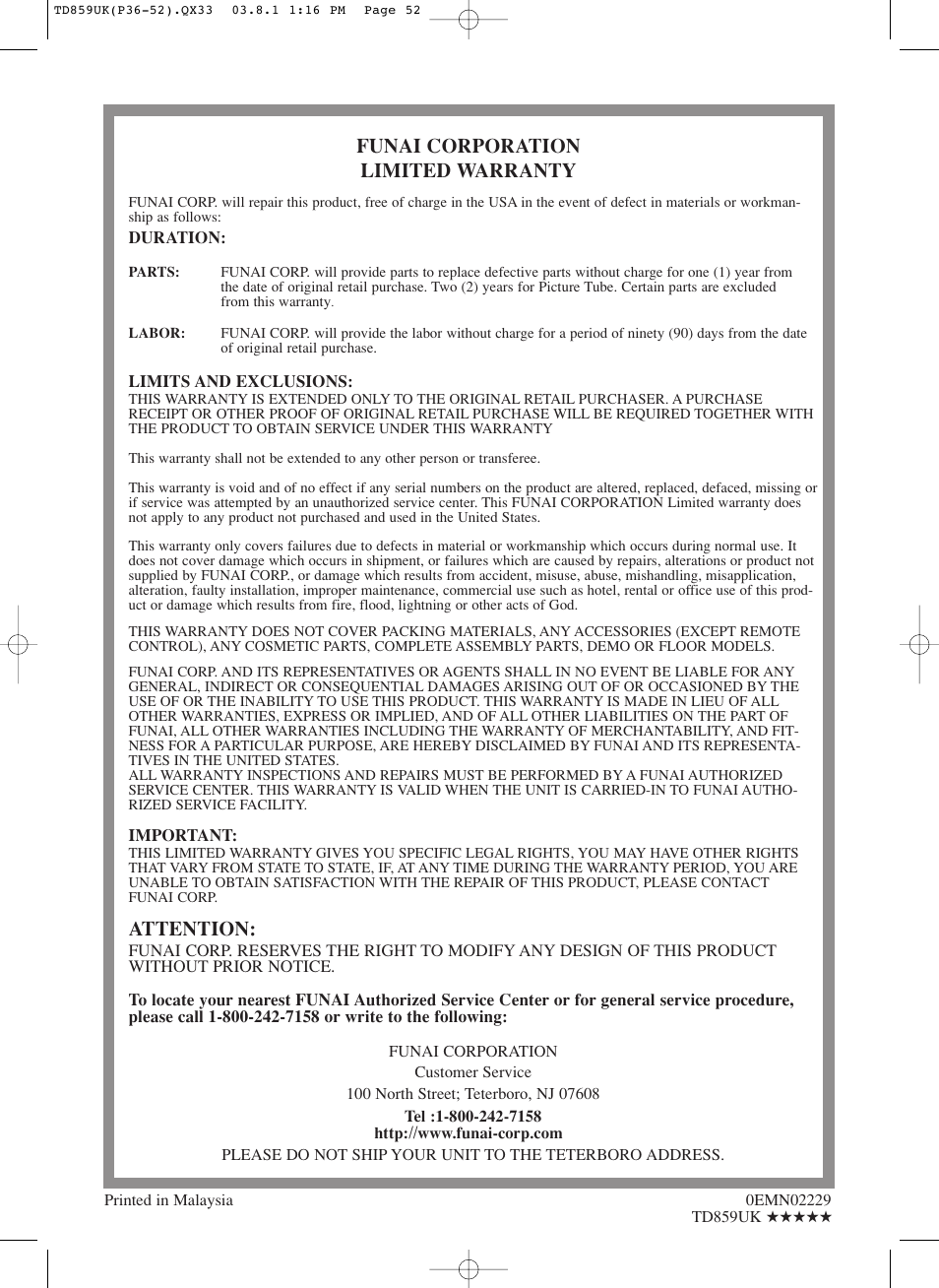 Funai corporation limited warranty, Attention | Symphonic WF719 User Manual | Page 56 / 56