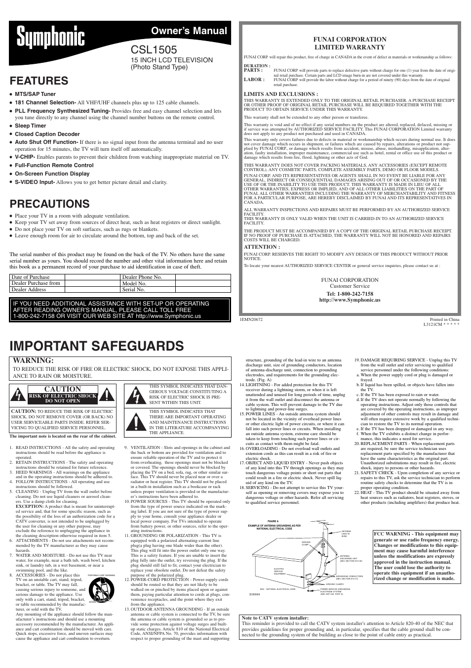 Symphonic CSL1505 User Manual | 4 pages