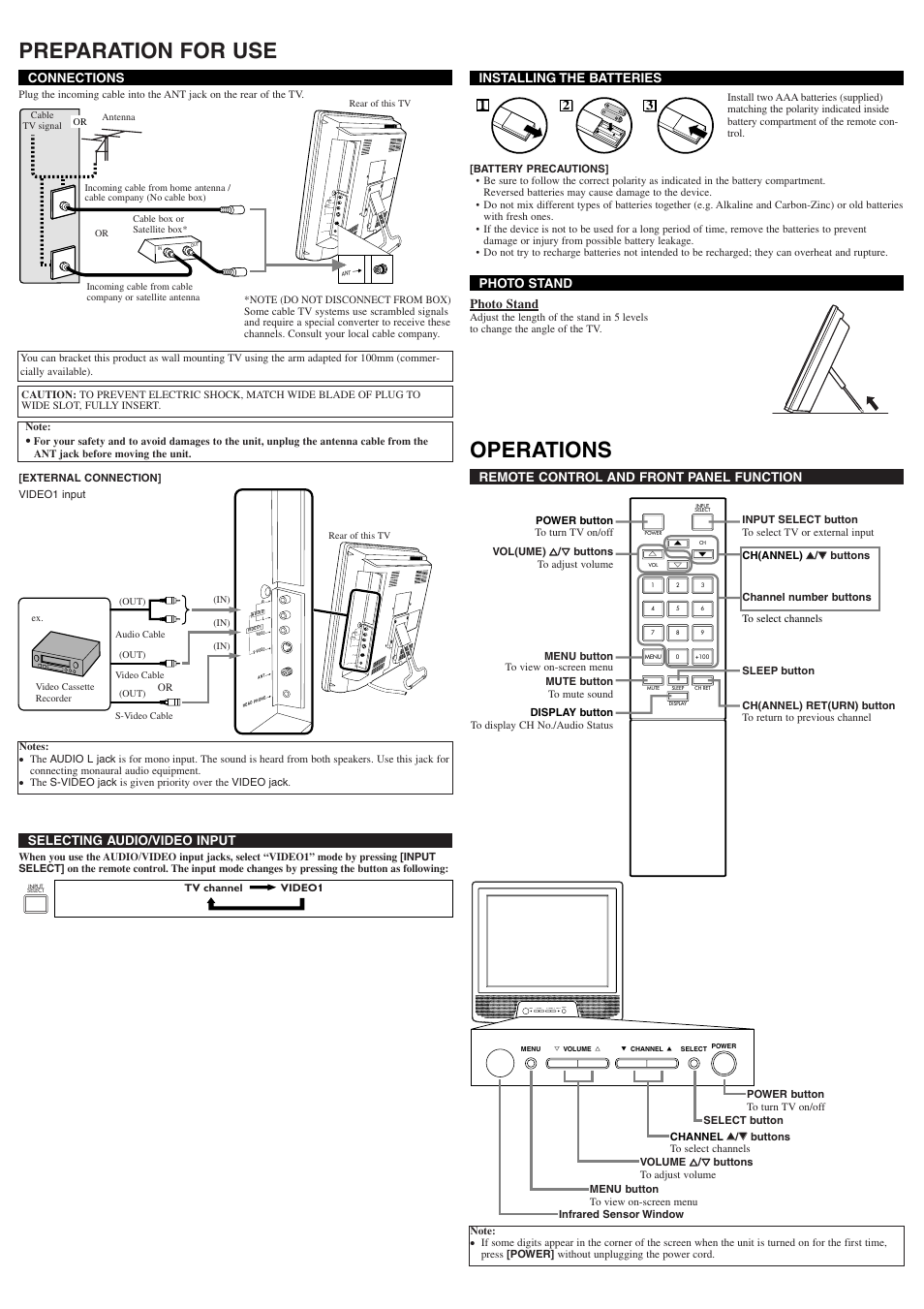 Preparation for use, Operations, Menu y volume x l channel k select power | Symphonic CSL1505 User Manual | Page 2 / 4