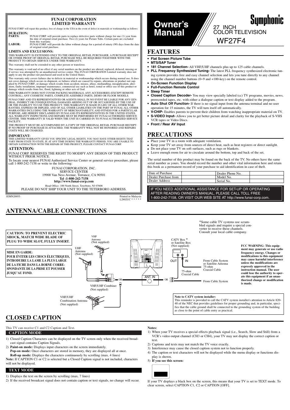 Symphonic WF27F4 User Manual | 8 pages