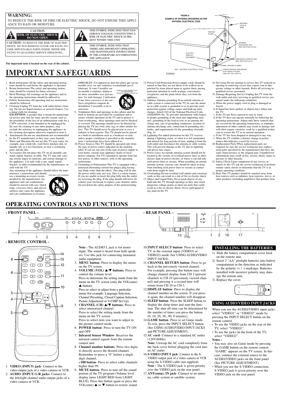 Controls, Important safeguards, Operating controls and functions | Warning, Remote control, Installing the batteries, Using audio/video input jacks, Front panel - - rear panel | Symphonic WF27F4 User Manual | Page 2 / 8