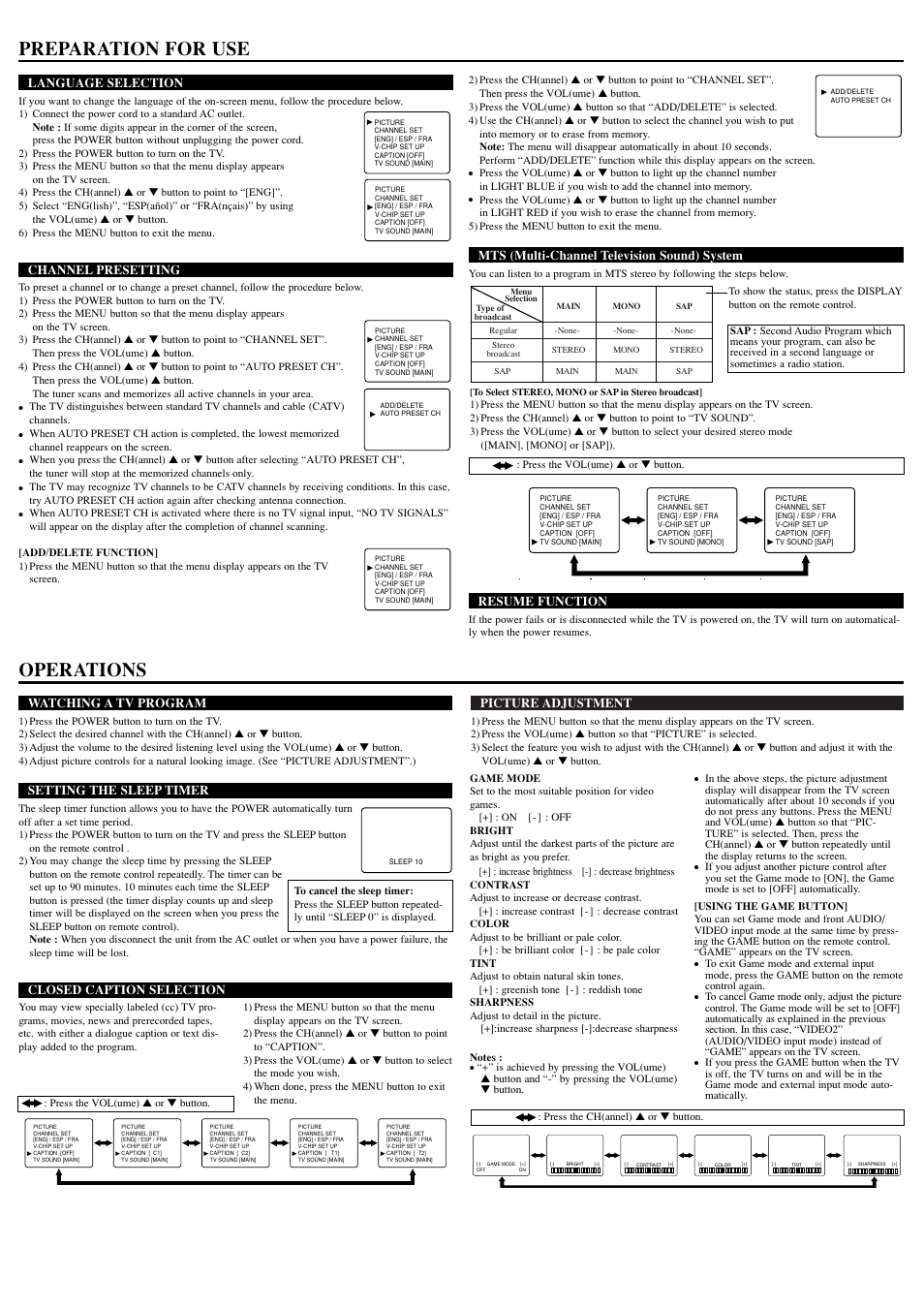Channel presetting, Preparation for use, Operations | Picture adjustment, Language selection, Mts (multi-channel television sound) system, Resume function, Watching a tv program, Setting the sleep timer, Closed caption selection | Symphonic WF27F4 User Manual | Page 3 / 8