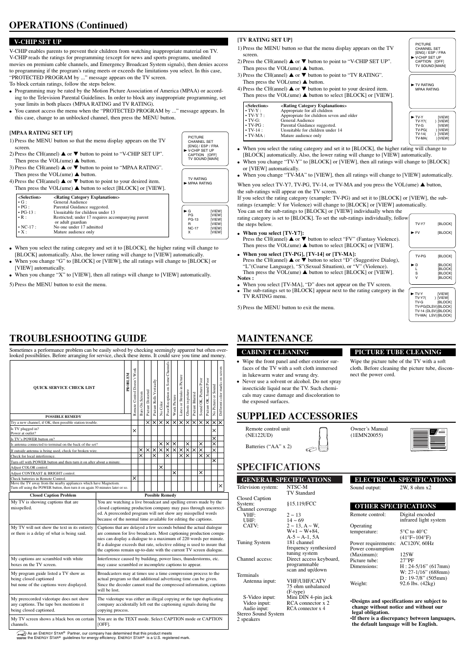 Accessories, Specifications, Operations (continued) | General specifications, Electrical specifications, Other specifications, Cabinet cleaning, Picture tube cleaning, V-chip set up | Symphonic WF27F4 User Manual | Page 4 / 8