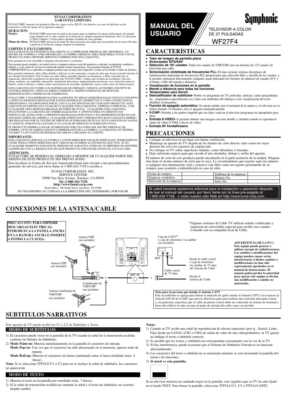 Manual del usuario, Wf27f4, Conexiones de la antena/cable precauciones | Características, Subtitulos narrativos | Symphonic WF27F4 User Manual | Page 5 / 8