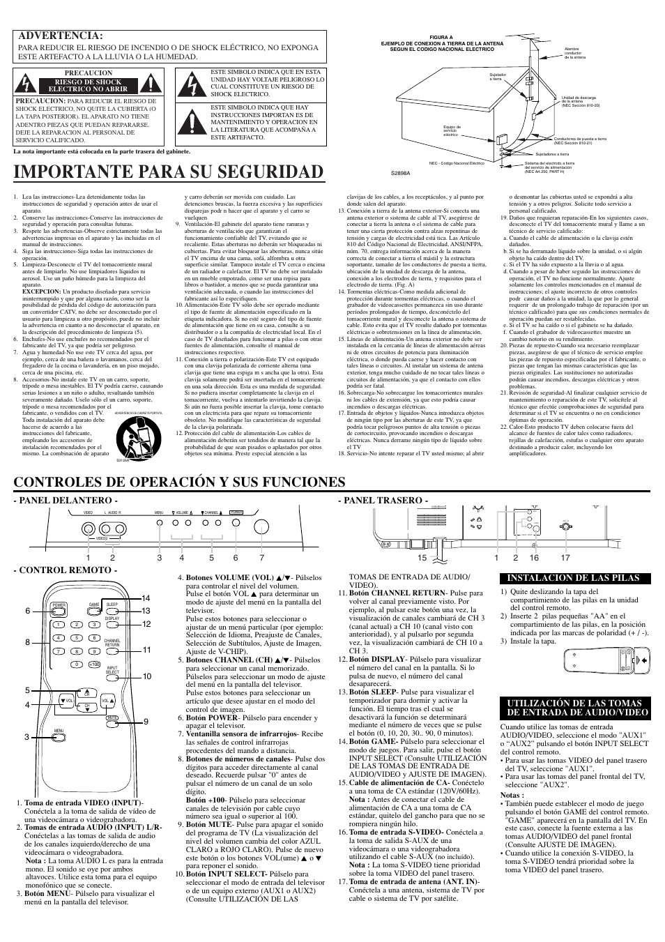 Importante para su seguridad, Controles de operación y sus funciones, Advertencia | Control remoto, Utilización de las tomas de entrada de audio/video, Instalacion de las pilas, Panel delantero - - panel trasero | Symphonic WF27F4 User Manual | Page 6 / 8