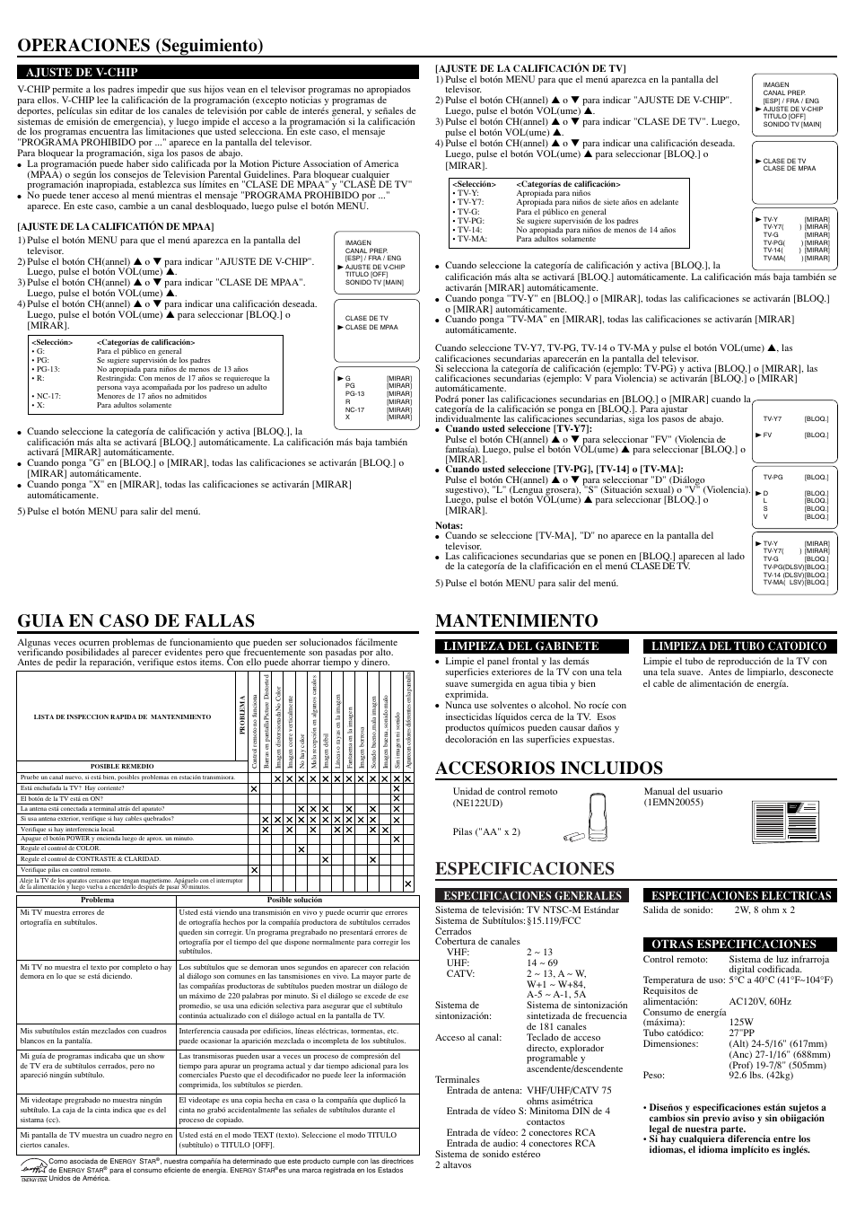 Especificaciones, Operaciones (seguimiento), Especificaciones generales | Especificaciones electricas, Otras especificaciones, Limpieza del gabinete, Limpieza del tubo catodico, Ajuste de v-chip | Symphonic WF27F4 User Manual | Page 8 / 8