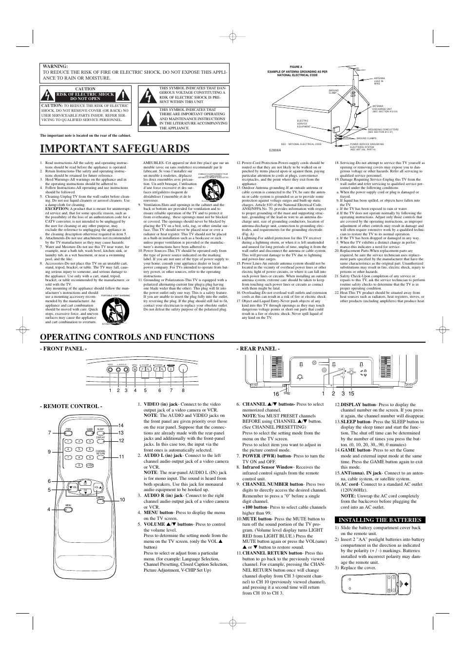 Important safeguards, Operating controls and functions, Front panel - - rear panel | Remote control, Installing the batteries | Symphonic WF2703 User Manual | Page 2 / 4