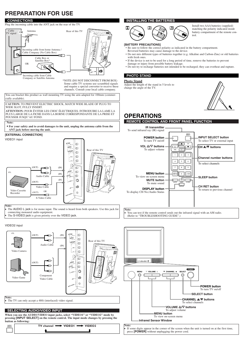 Preparation for use, Operations, Menu y volume x l channel k select power | Symphonic STL1505A User Manual | Page 2 / 8