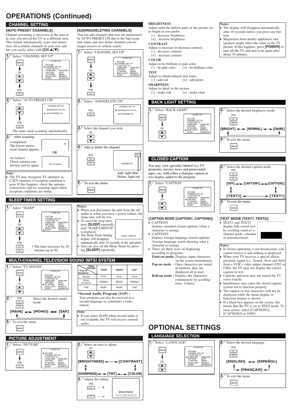 Operations (continued) optional settings, Picture adjustment, Channel setting | Language selection, Multi-channel television sound (mts) system, Sleep timer setting, Closed caption back light setting | Symphonic STL1505A User Manual | Page 3 / 8