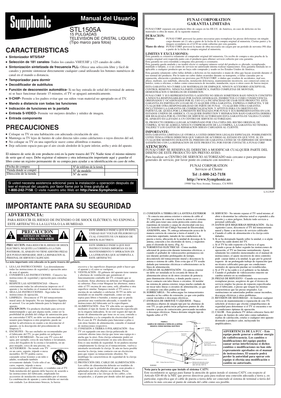 Importante para su seguridad, Caracteristicas, Precauciones | Stl1505a, Manual del usuario, Advertencia, Precaucion, Funai corporation garantia limitada, Atencion | Symphonic STL1505A User Manual | Page 5 / 8