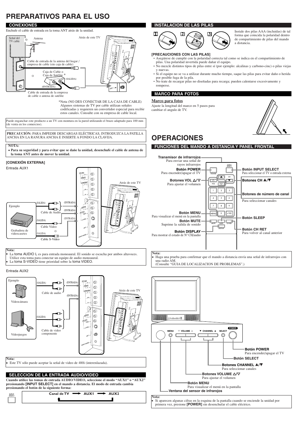 Preparativos para el uso, Operaciones, Menu y volume x l channel k select power | Symphonic STL1505A User Manual | Page 6 / 8