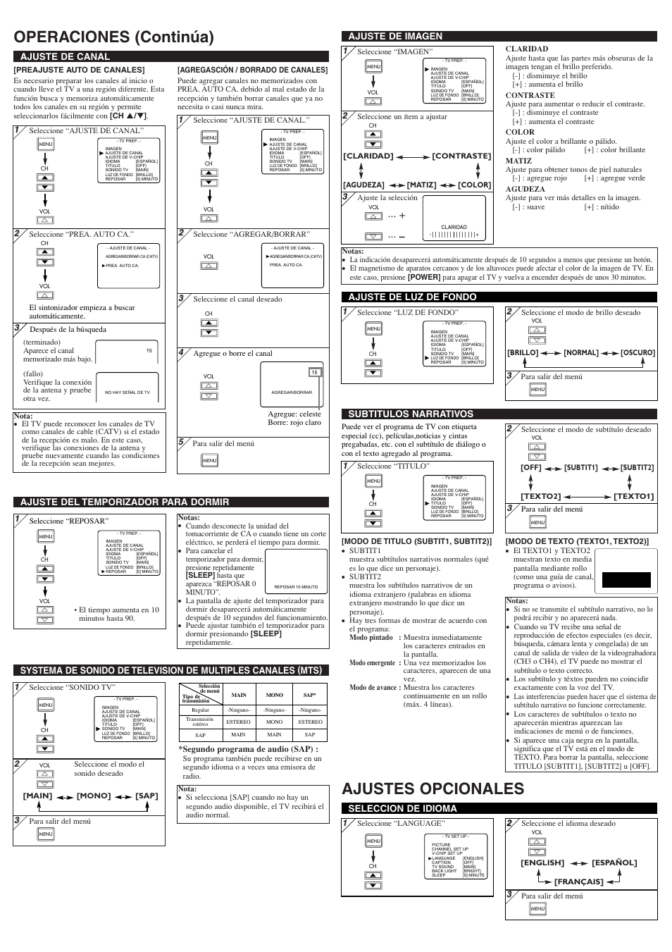 Operaciones (continúa) ajustes opcionales, Ajuste de imagen, Ajuste de canal | Seleccion de idioma, Subtitulos narrativos | Symphonic STL1505A User Manual | Page 7 / 8
