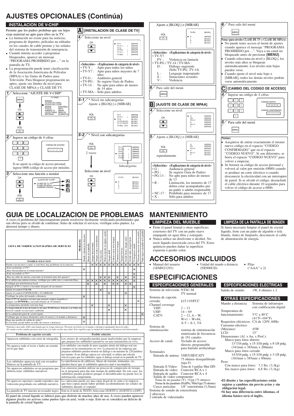 Accesorios incluidos, Especificaciones generales, Especificaciones electricas | Otras especificaciones, Limpieza del mueble, Limpieza de la pantalla de imagen, Instalacion de v-chip | Symphonic STL1505A User Manual | Page 8 / 8