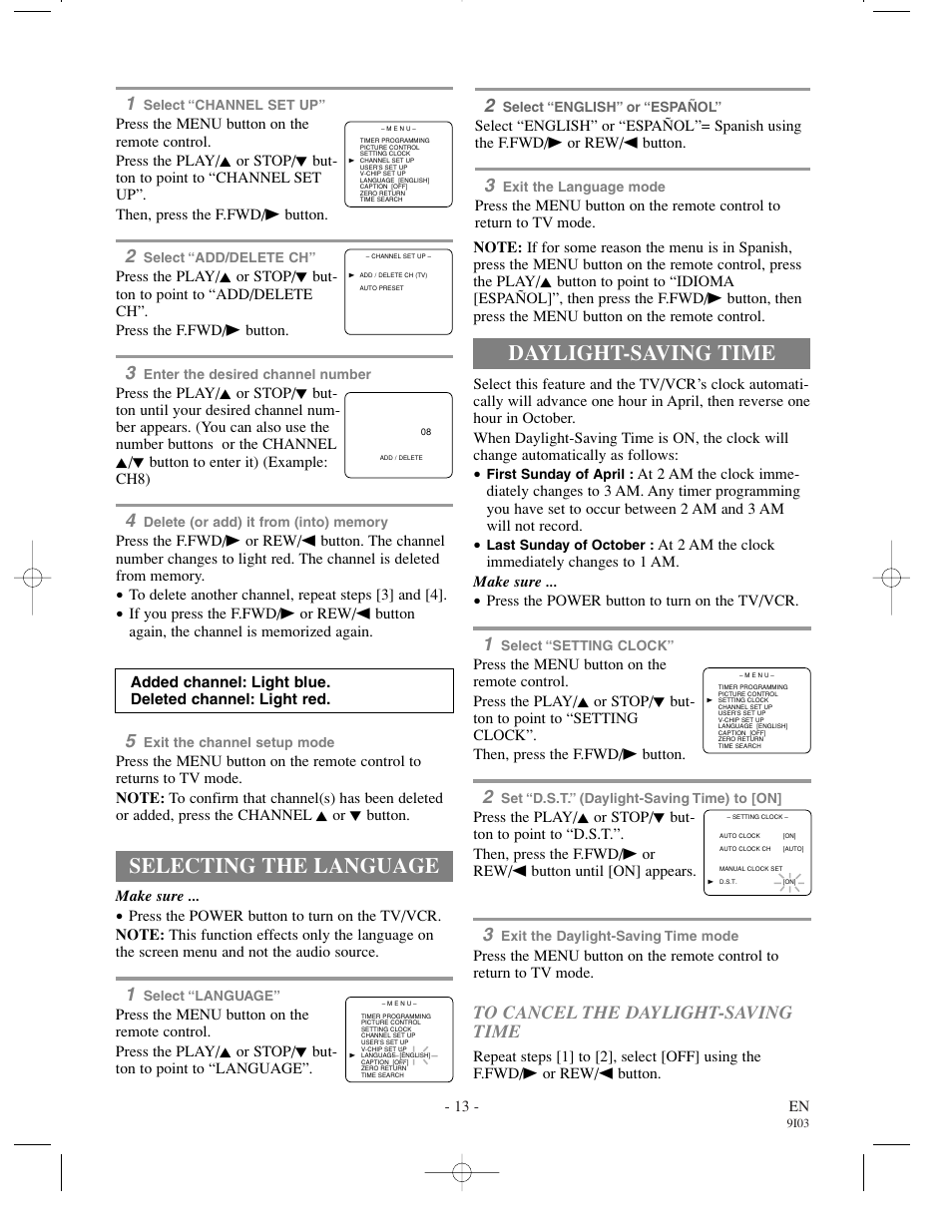 Selecting the language, Daylight-saving time | Symphonic SC1302 User Manual | Page 13 / 32