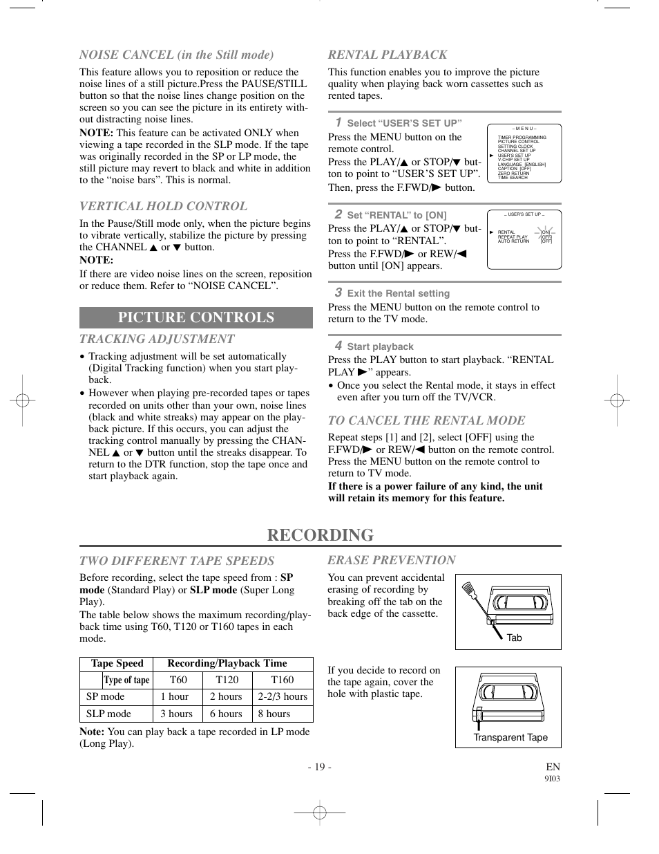 Recording, Picture controls, Tracking adjustment | Noise cancel (in the still mode), Vertical hold control, Rental playback, Two different tape speeds, Erase prevention | Symphonic SC1302 User Manual | Page 19 / 32