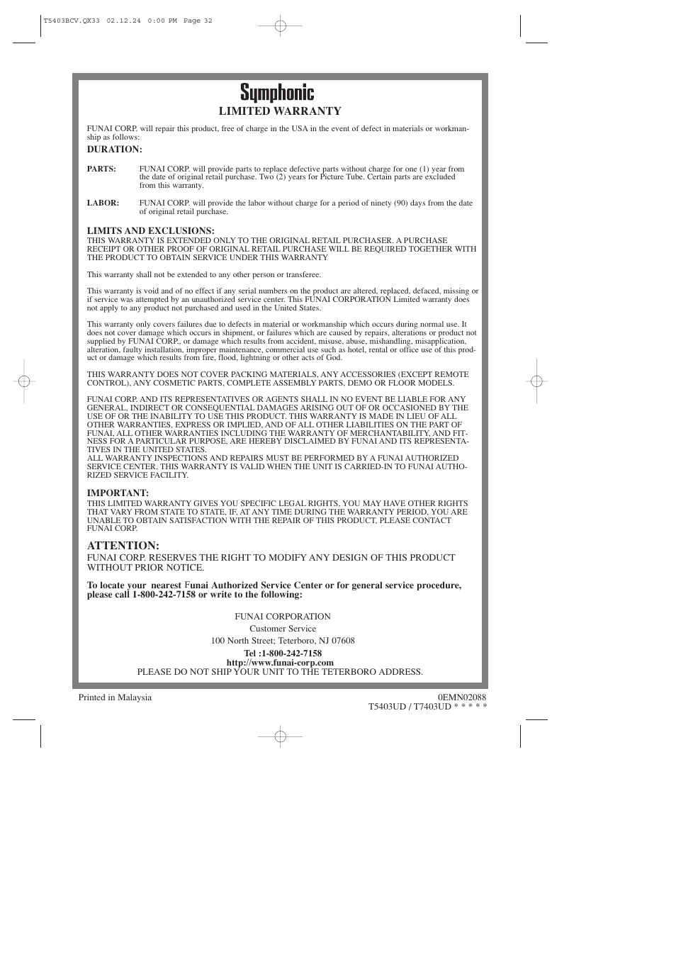 Limited warranty, Attention | Symphonic SC1302 User Manual | Page 32 / 32