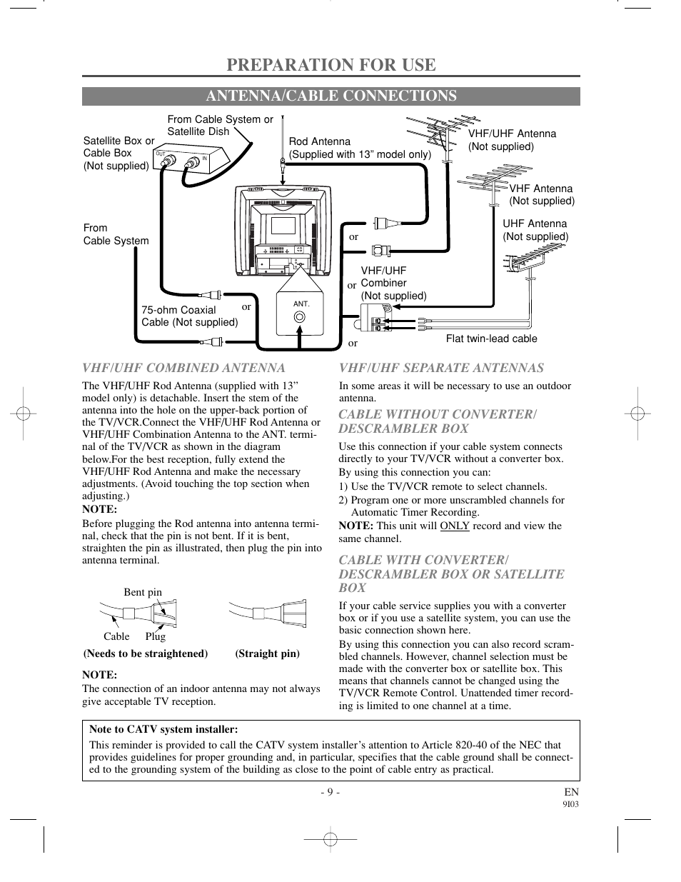 Preparation for use, Antenna/cable connections | Symphonic SC1302 User Manual | Page 9 / 32