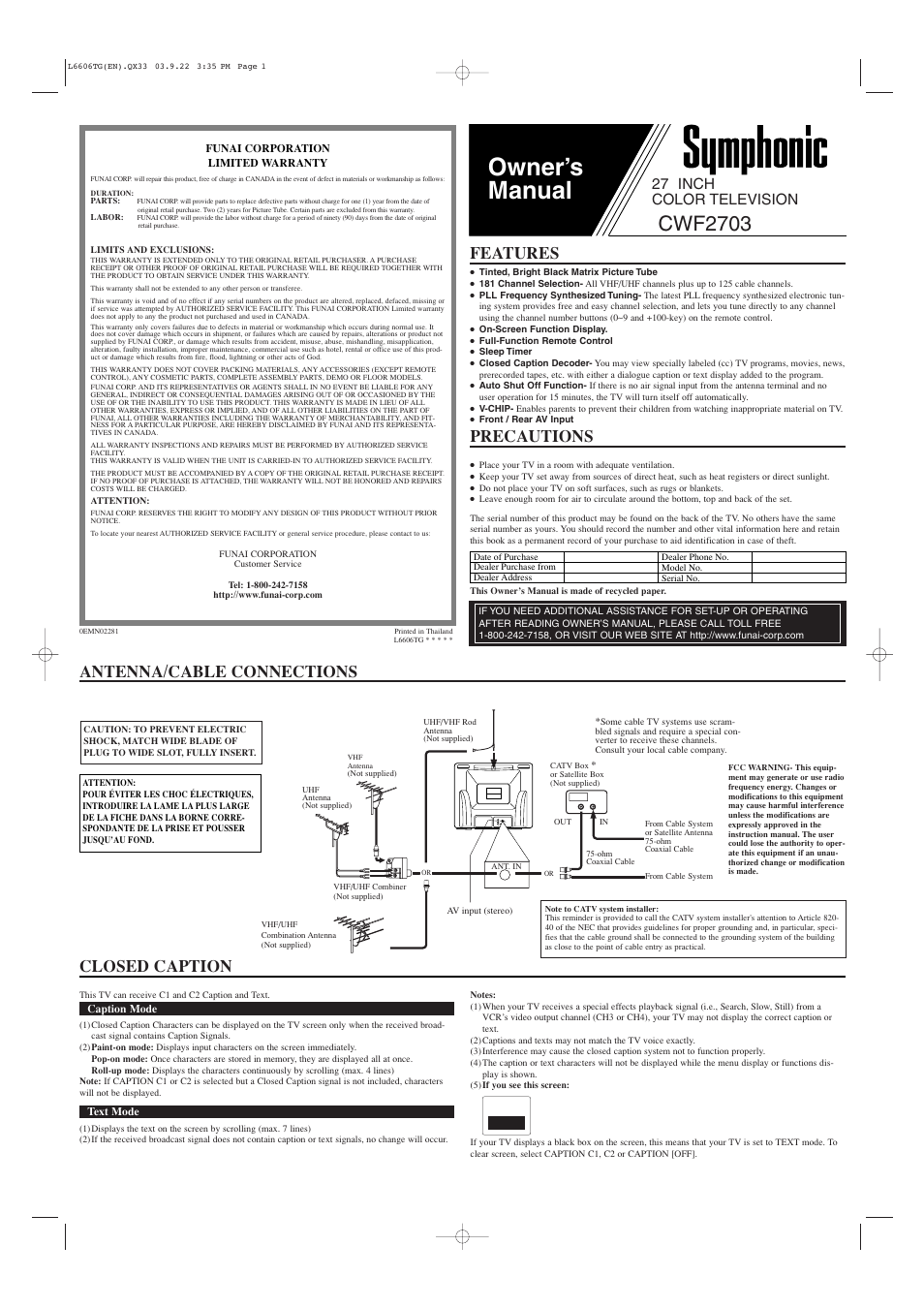 Symphonic CWF2703 User Manual | 4 pages