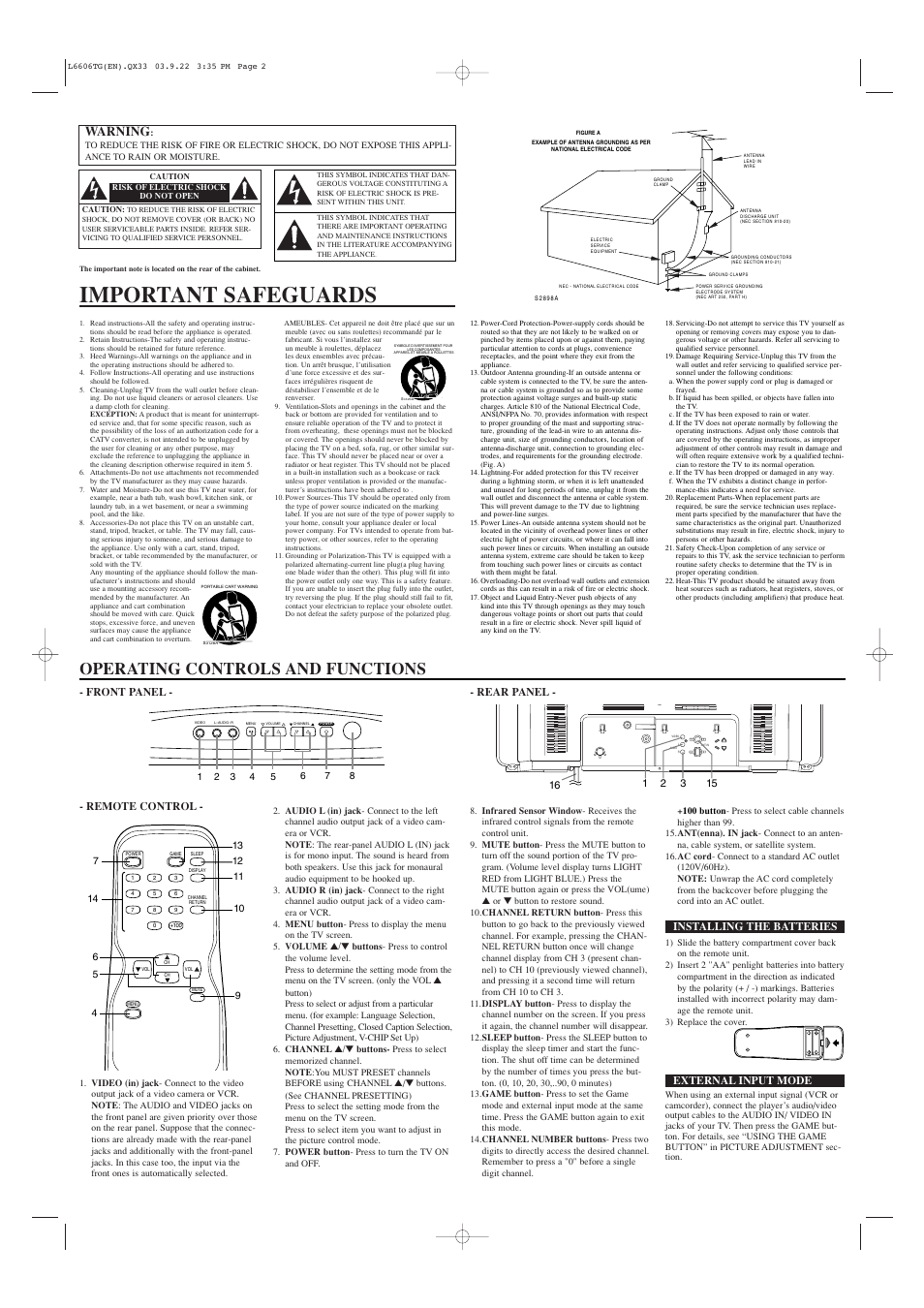 Important safeguards, Operating controls and functions, Warning | Front panel - - rear panel, Remote control, Installing the batteries, External input mode | Symphonic CWF2703 User Manual | Page 2 / 4