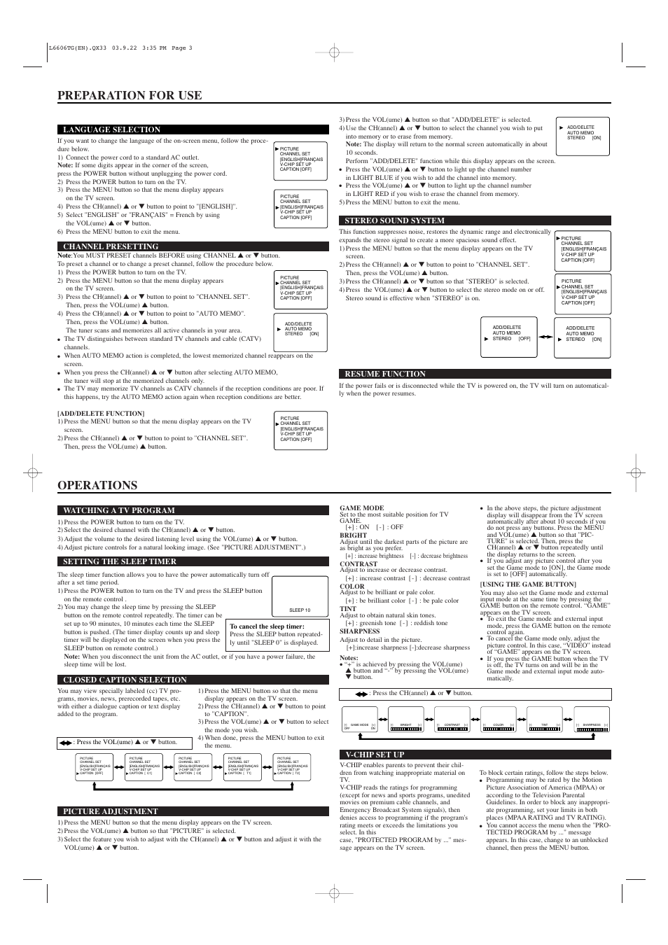 Preparation for use, Operations | Symphonic CWF2703 User Manual | Page 3 / 4